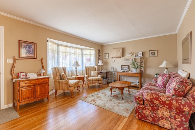 living room featuring ornamental molding and light hardwood / wood-style flooring