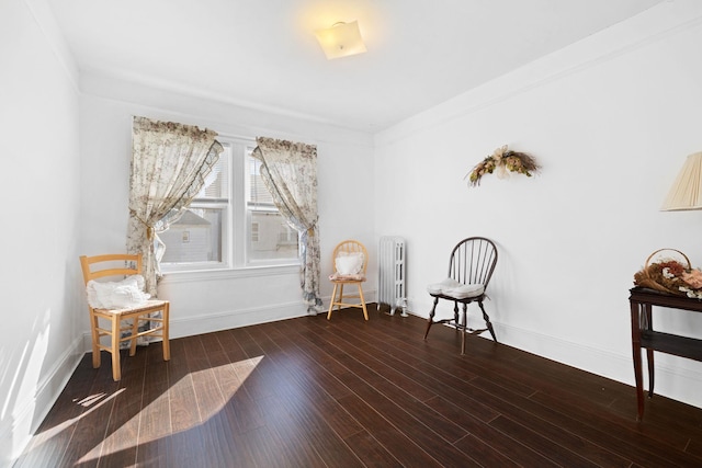 sitting room featuring crown molding, radiator heating unit, and dark hardwood / wood-style floors