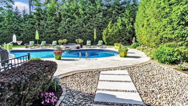 view of swimming pool featuring a patio area