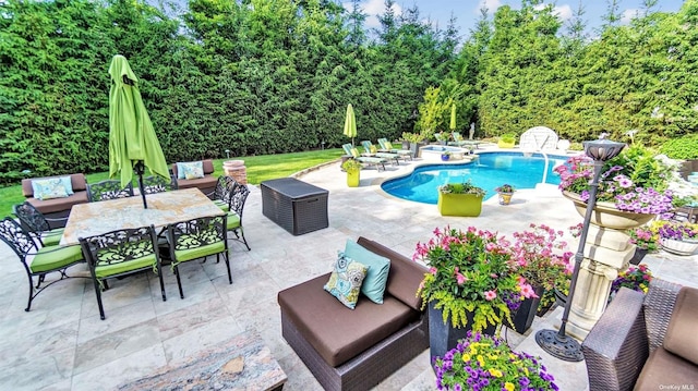 view of swimming pool featuring an outdoor hangout area and a patio area