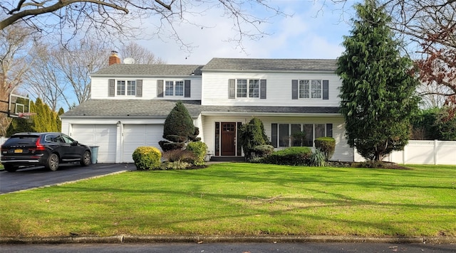 front facade with a garage and a front lawn