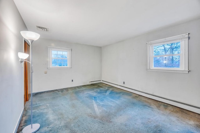 empty room with a baseboard radiator and carpet