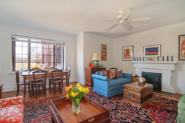 living room with hardwood / wood-style flooring and ceiling fan