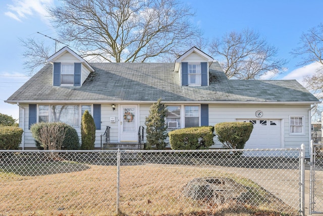 cape cod house featuring a garage and a front lawn