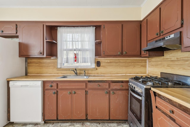 kitchen with butcher block counters, sink, stainless steel gas range oven, crown molding, and white dishwasher