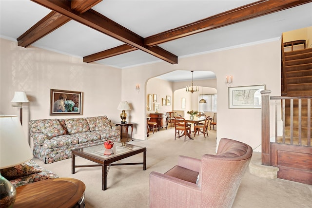 living room with light carpet, arched walkways, beamed ceiling, crown molding, and a notable chandelier