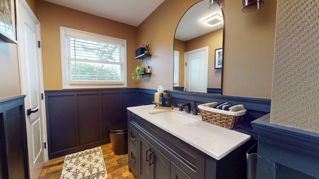 bathroom with hardwood / wood-style flooring and vanity