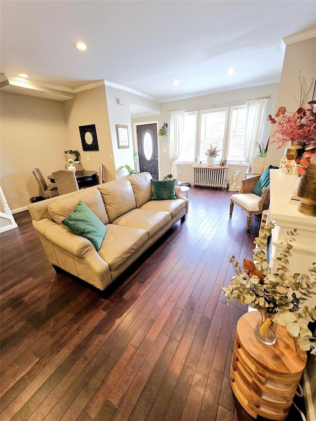 living room with dark wood-type flooring, ornamental molding, and radiator heating unit