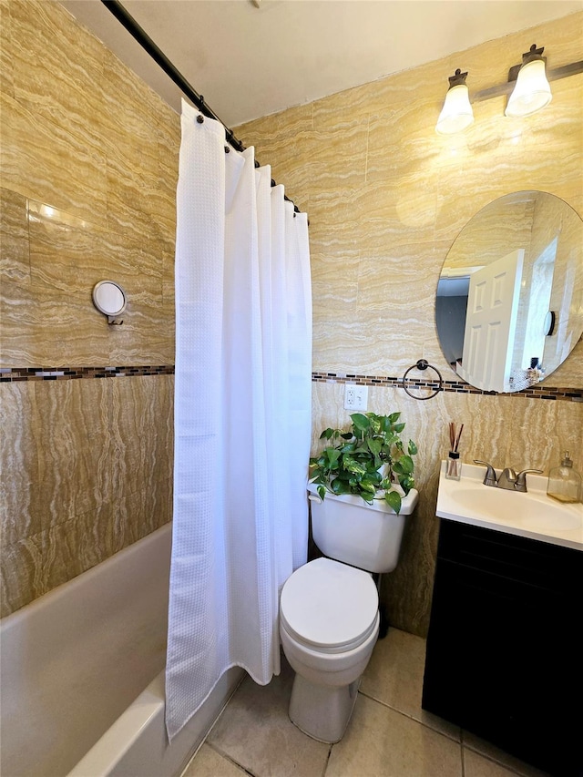 full bathroom featuring shower / bathtub combination with curtain, tile walls, backsplash, tile patterned floors, and toilet