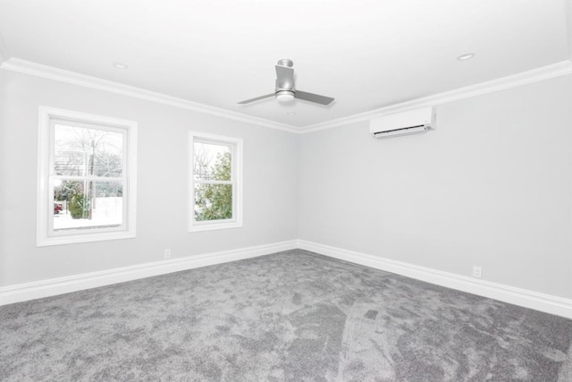 carpeted spare room with crown molding, an AC wall unit, and ceiling fan