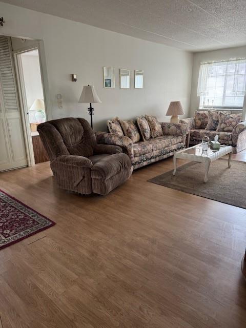 living room featuring hardwood / wood-style flooring and a textured ceiling