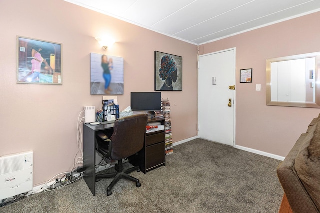 office area with crown molding and carpet floors