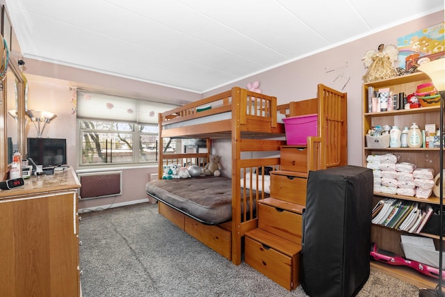 carpeted bedroom featuring crown molding