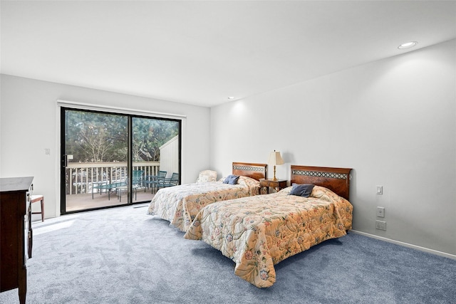 bedroom featuring carpet floors, access to outside, baseboards, and recessed lighting