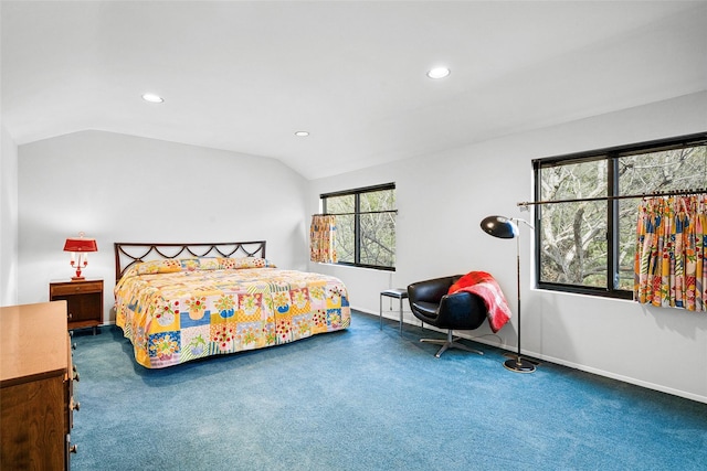 bedroom with lofted ceiling, carpet, baseboards, and recessed lighting