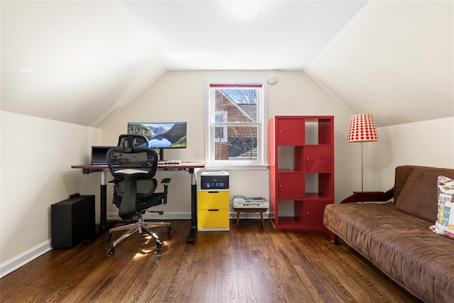 office with hardwood / wood-style flooring, baseboards, and lofted ceiling