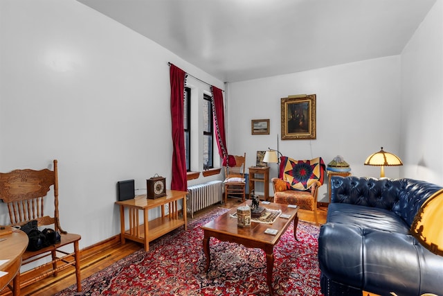 living room with hardwood / wood-style floors and radiator heating unit