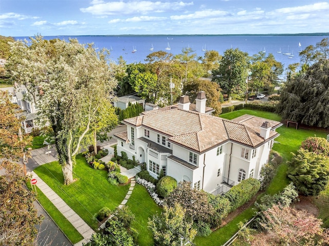 aerial view featuring a water view