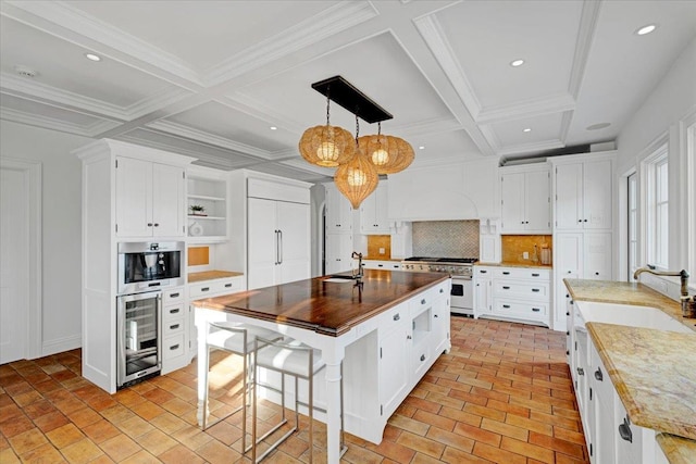 kitchen with decorative backsplash, premium appliances, a large island, open shelves, and a sink