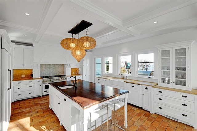 kitchen with tasteful backsplash, high quality appliances, white cabinets, and a sink