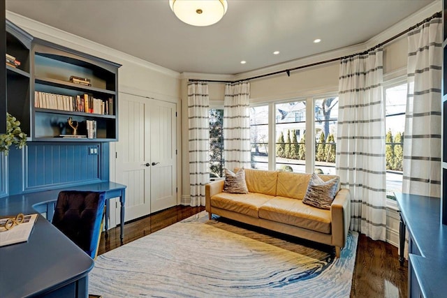 home office with crown molding, dark wood-style flooring, and recessed lighting