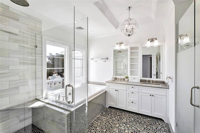 full bath featuring visible vents, a bath, crown molding, a shower stall, and a sink