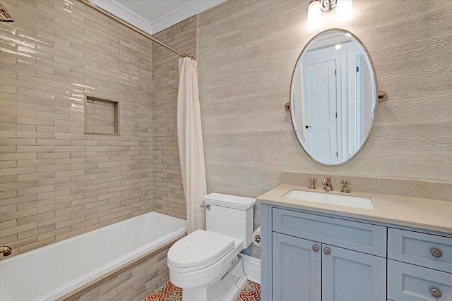 bathroom featuring toilet, shower / tub combo, ornamental molding, and vanity