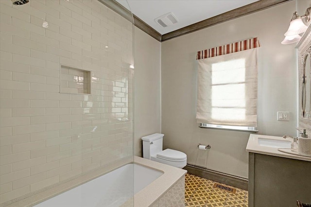 bathroom featuring toilet, vanity, visible vents, and crown molding