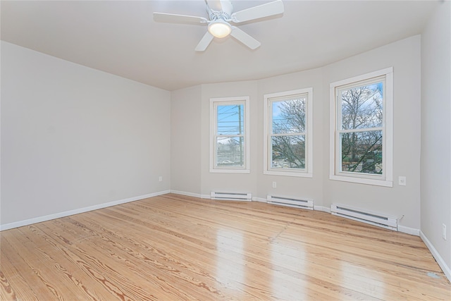 spare room with ceiling fan, a baseboard heating unit, and light hardwood / wood-style floors