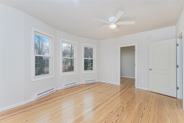 empty room with light hardwood / wood-style flooring, a baseboard radiator, and ceiling fan