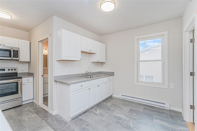 kitchen with sink, white cabinetry, a baseboard heating unit, stainless steel appliances, and tasteful backsplash