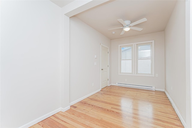 unfurnished room with baseboard heating, ceiling fan, and light hardwood / wood-style flooring