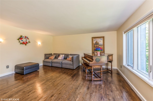 living area featuring dark wood-style floors, a healthy amount of sunlight, and baseboards