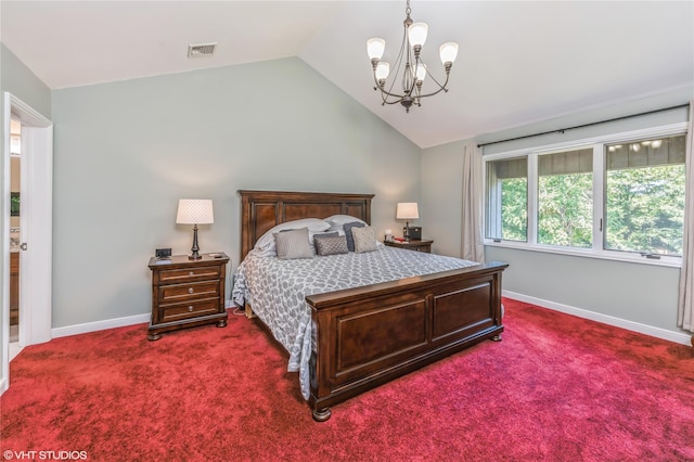 bedroom featuring lofted ceiling, dark carpet, and baseboards