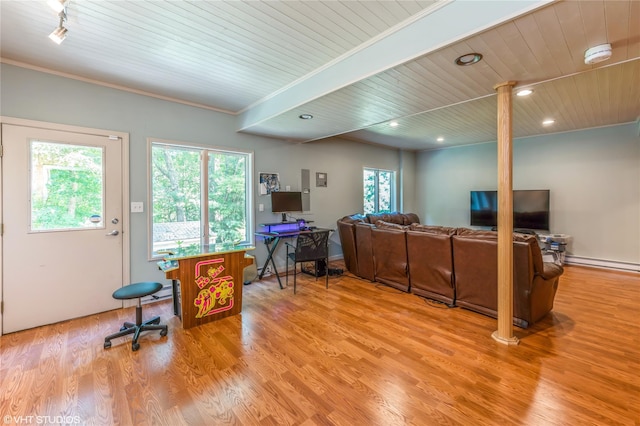 office featuring wood ceiling, baseboard heating, crown molding, light wood-style floors, and recessed lighting