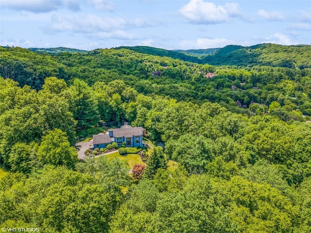 drone / aerial view with a mountain view and a wooded view