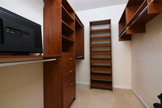 spacious closet featuring light colored carpet