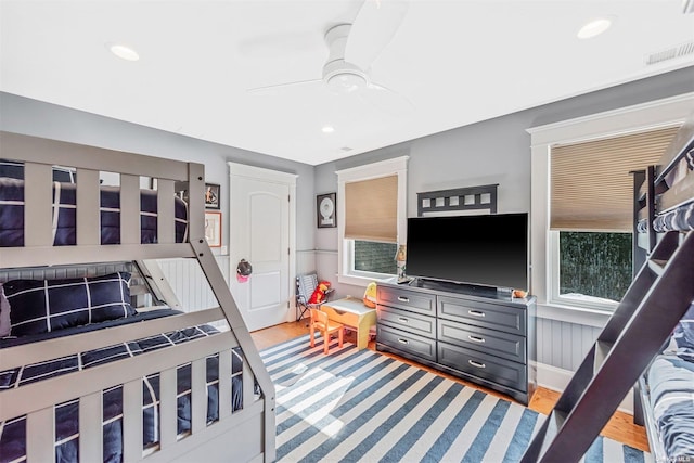 bedroom featuring ceiling fan and light wood-type flooring