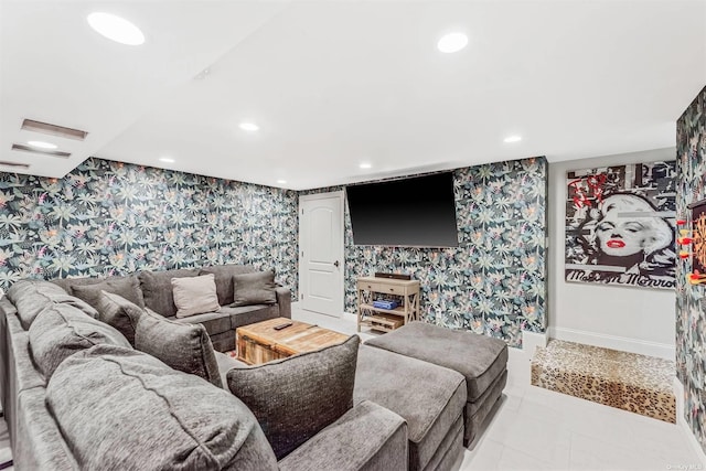 living room featuring light tile patterned floors