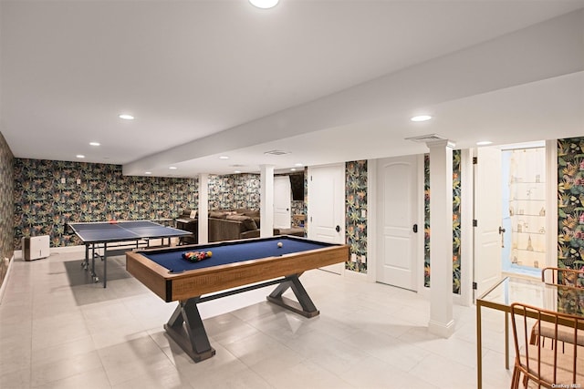 game room featuring pool table and ornate columns