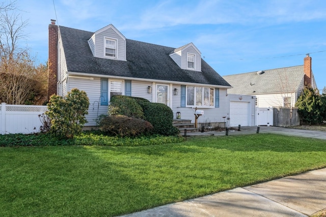 cape cod-style house with a garage and a front lawn