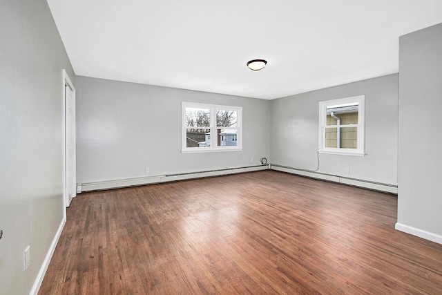 unfurnished room with wood-type flooring and a baseboard radiator