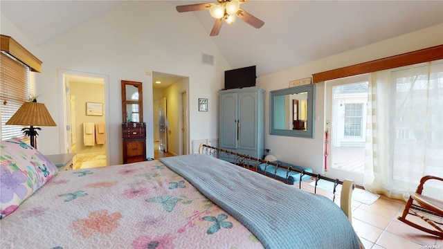 tiled bedroom with connected bathroom, high vaulted ceiling, and ceiling fan