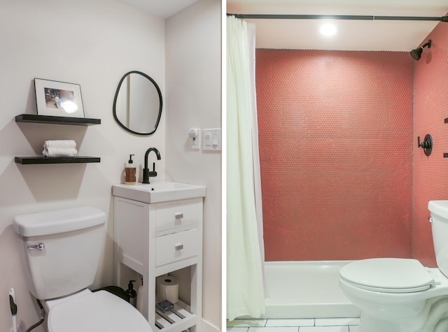 bathroom with vanity, tile patterned floors, toilet, and walk in shower