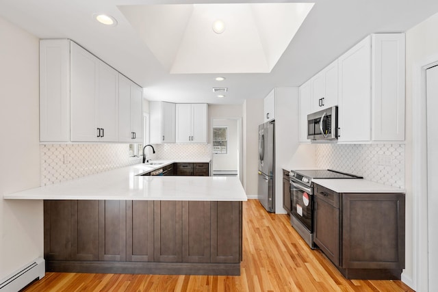 kitchen featuring appliances with stainless steel finishes, white cabinetry, a baseboard radiator, and kitchen peninsula