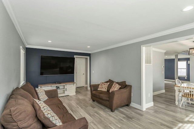 living room with crown molding and light wood-type flooring