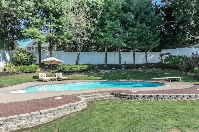 view of pool featuring a lawn, a diving board, and a patio area