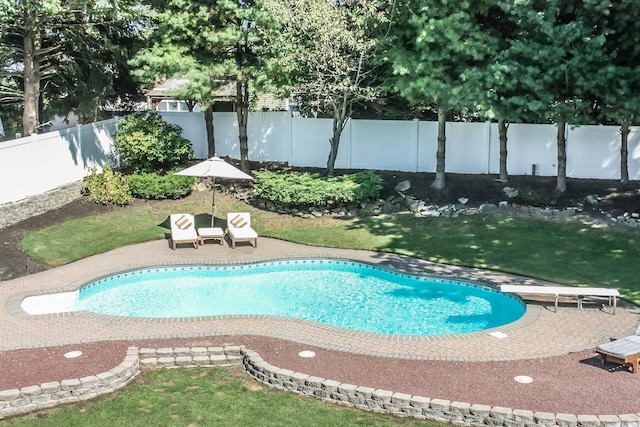 view of pool featuring a yard, a diving board, and a patio area