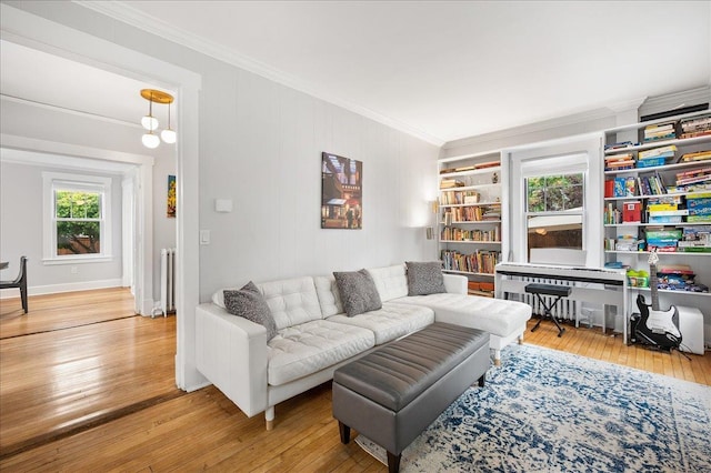 living room with hardwood / wood-style flooring, radiator heating unit, and ornamental molding