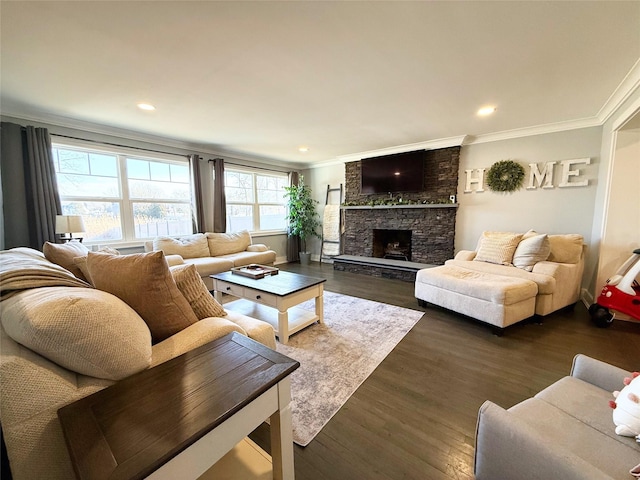 living room with crown molding, dark hardwood / wood-style flooring, and a stone fireplace